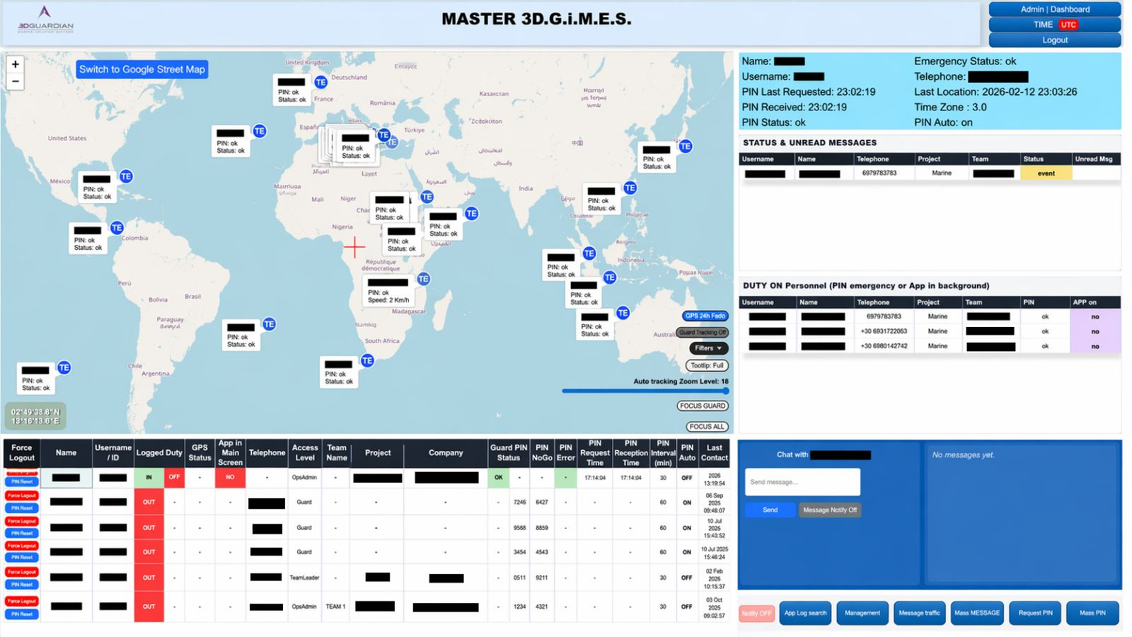 3DGuardian live production dashboard — real-time guard positions, duty status, GPS tracking, and incident management