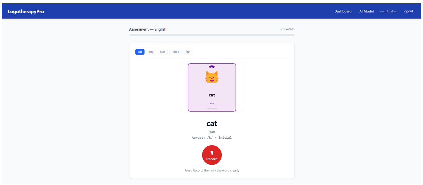 LogotherapyPro AI assessment interface — word flashcard with real-time speech recording and analysis