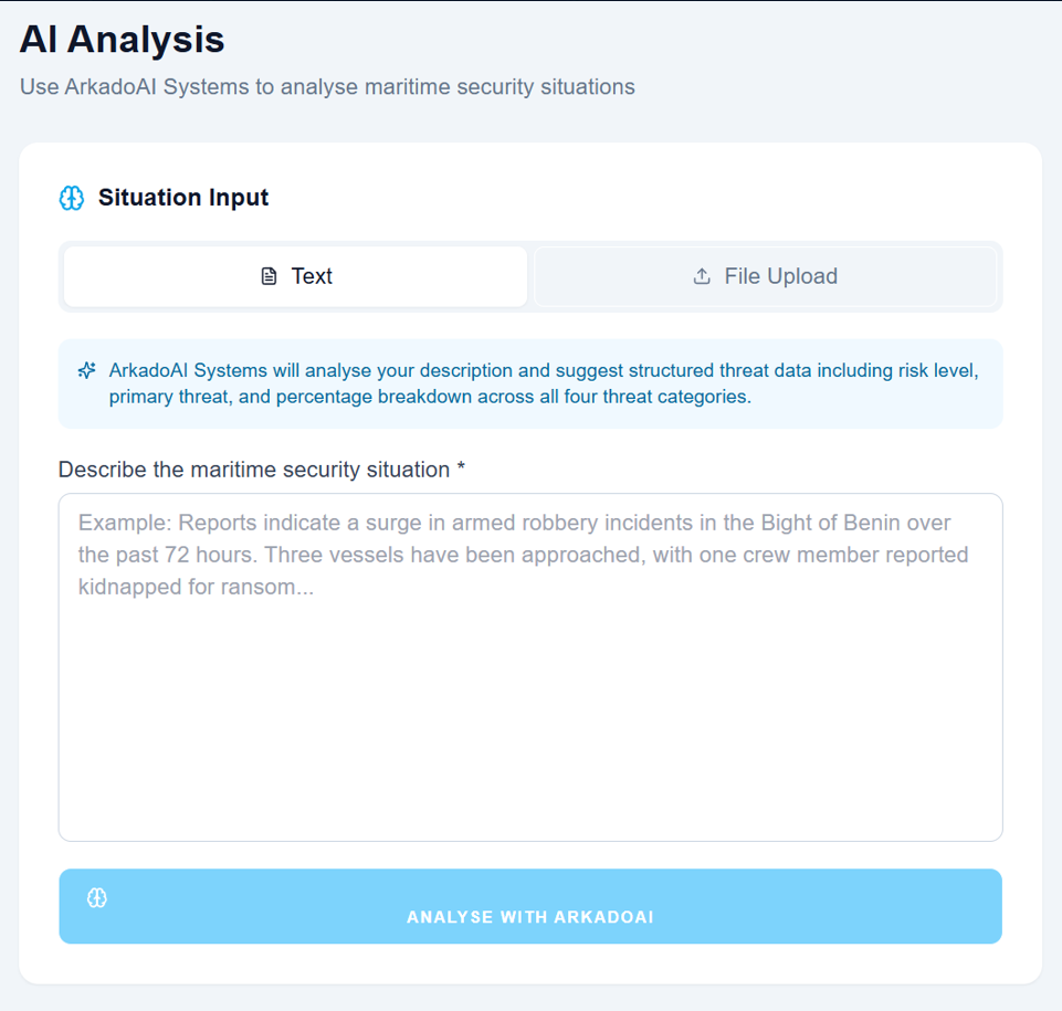 ArkadoAI maritime threat analysis interface — risk level classification and threat category breakdown