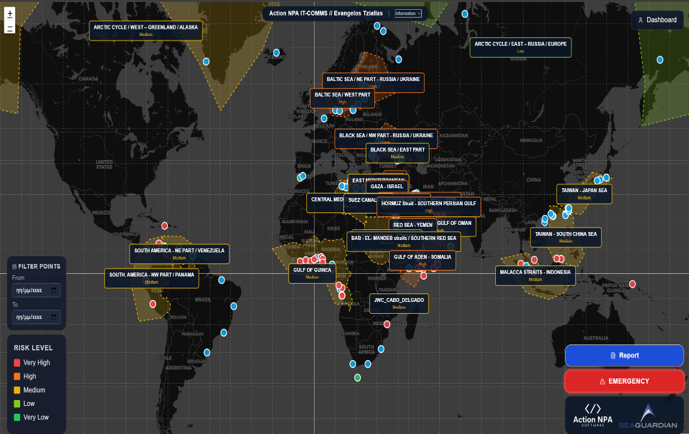 Sea Guardian live threat map showing 30+ monitored maritime regions with risk-level classification